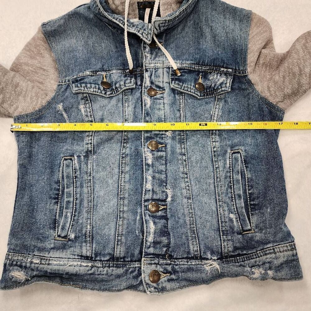 Free People Blue Denim Jean Jacket with Gray Knit Hoodie Sleeves - Picture 3 of 9